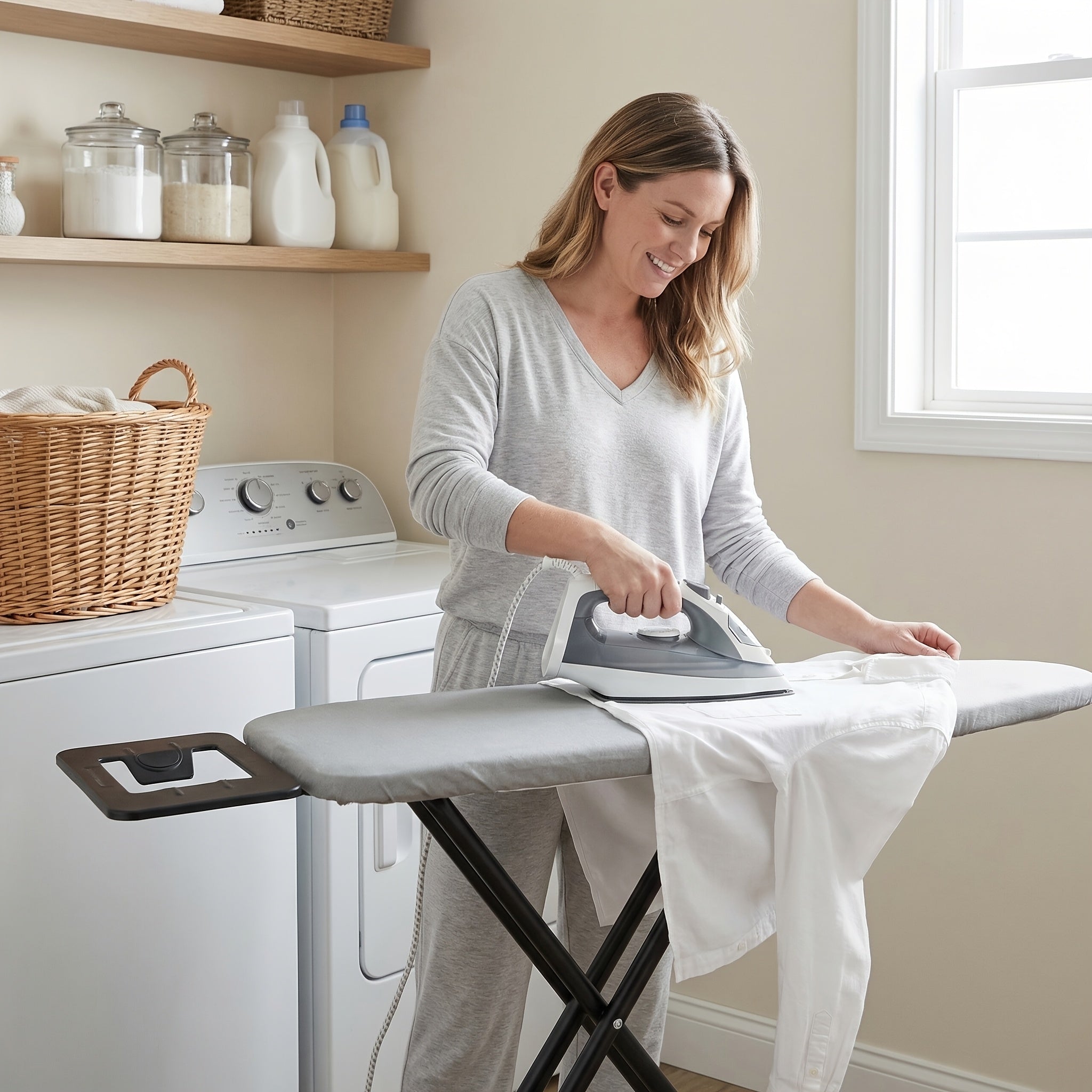 A Foldable Ironing Board For Easy Storage, Adjustable To 5 Different Heights, A Must-have For Home, Hotel, Or Laundry Room, With A Sturdy And Safe Golden Frame.