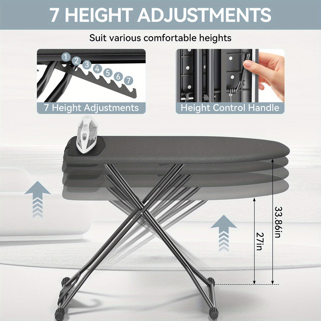 Compact Foldable Ironing Board 13X43 | Heat Resistant Cover, 7 Height Adjustable, Space Saver - Solid Grey\u002FBlack, Metal, Brand: Kingrack