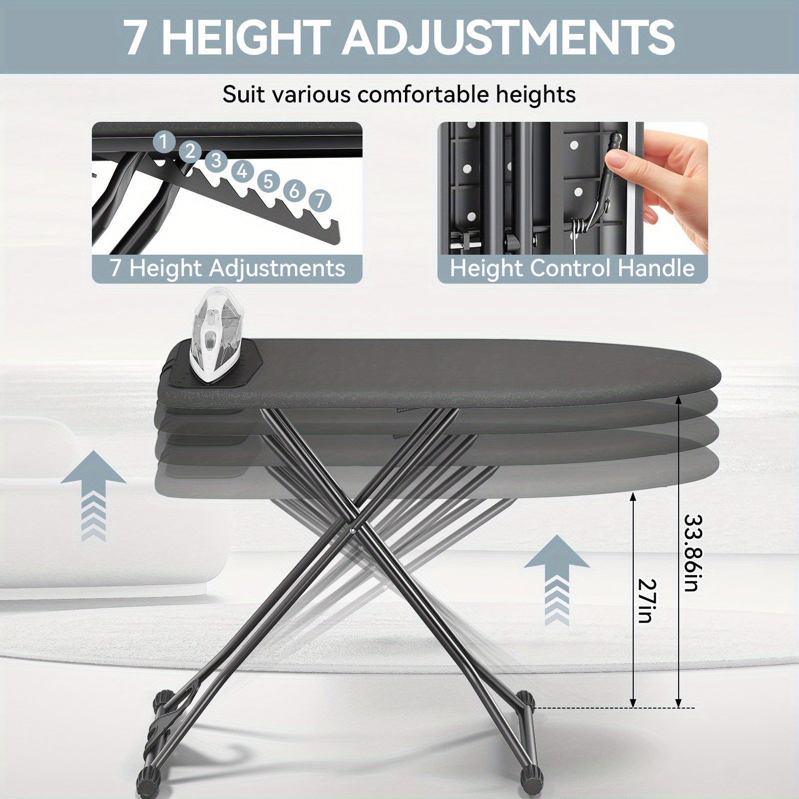 Compact Foldable Ironing Board 13X43 | Heat Resistant Cover, 7 Height Adjustable, Space Saver - Solid Grey\u002FBlack, Metal, Brand: Kingrack