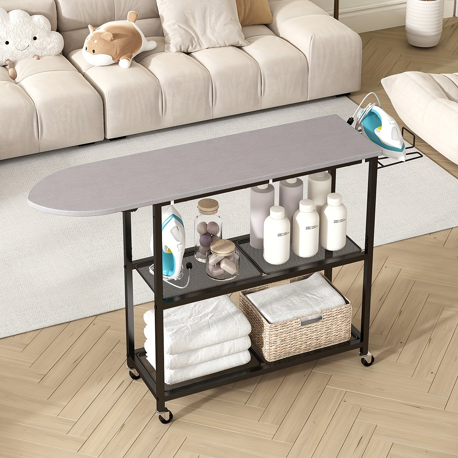 Three Layers Ironing Board Cart with Two Layers Of Shelves, Three Layers Of Movable Ironing Boards, And Multiple Layers Of Shelves with Wheels, Suitable for Storage In Living Rooms, Bedrooms, Courtyards., Utility Racks