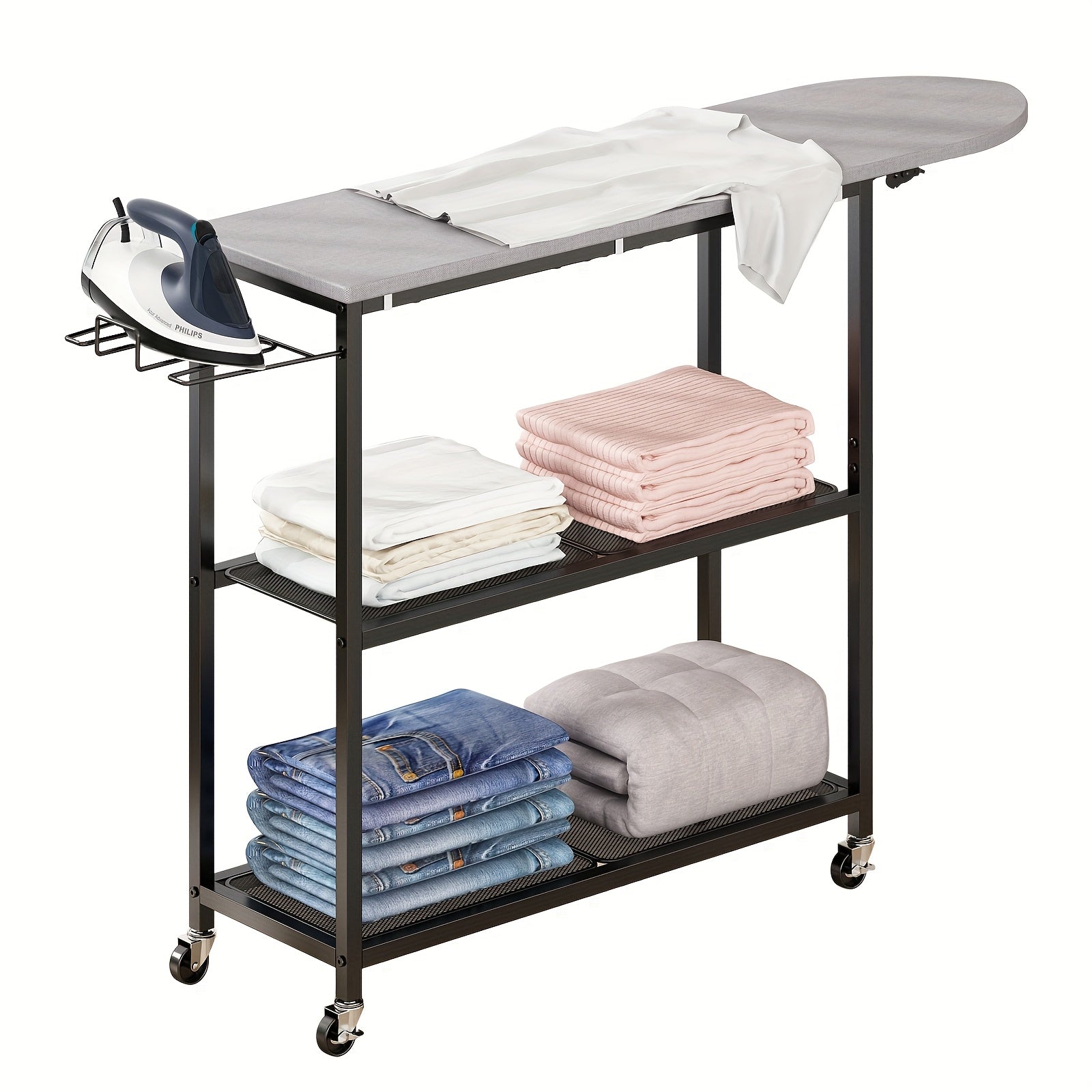 Three Layers Ironing Board Cart with Two Layers Of Shelves, Three Layers Of Movable Ironing Boards, And Multiple Layers Of Shelves with Wheels, Suitable for Storage In Living Rooms, Bedrooms, Courtyards., Utility Racks