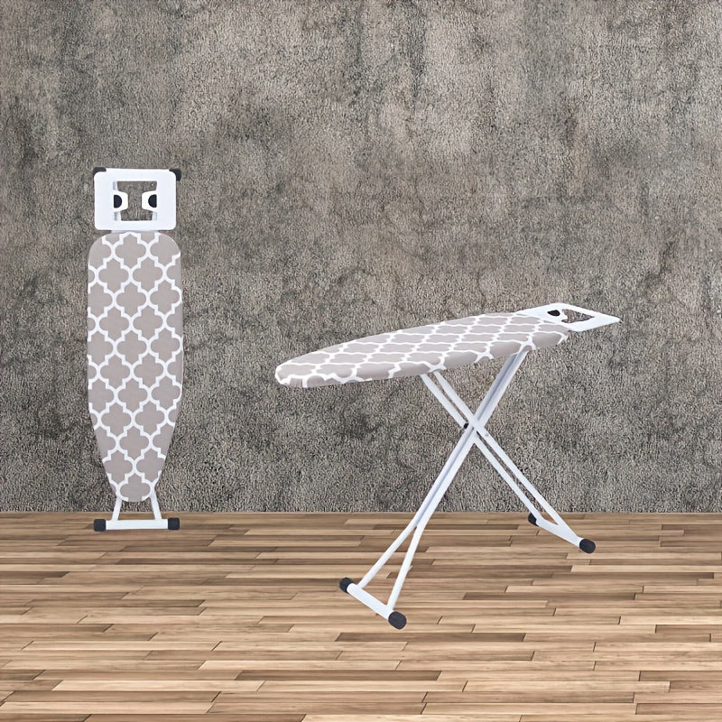 A Foldable Ironing Board For Easy Storage, Adjustable To 5 Different Heights, A Must-have For Home, Hotel, Or Laundry Room, With A Sturdy And Safe Golden Frame.