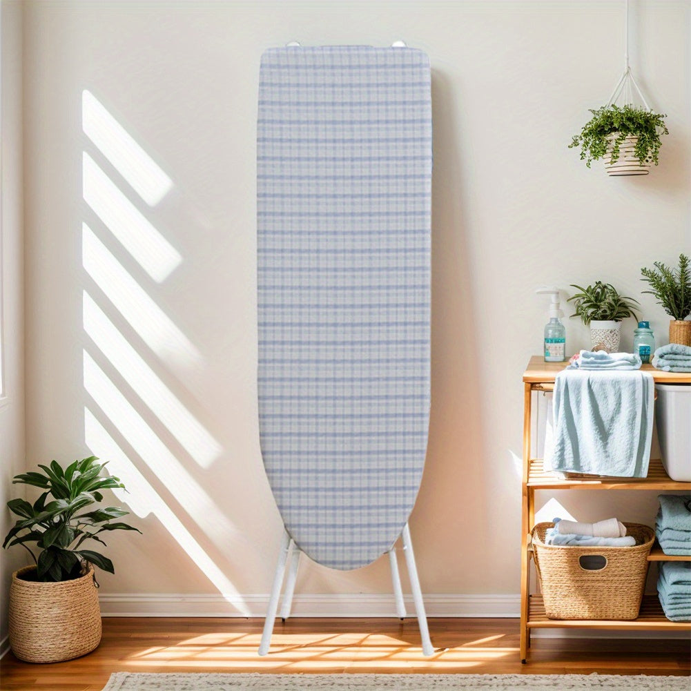Foldable Adjustable Height Ironing Board with Heat-Resistant Wooden Cover & Iron Rest - 36 Inch Gray Checkered Design for Home, Laundry Room, Space-Saving Storage, Durable Construction