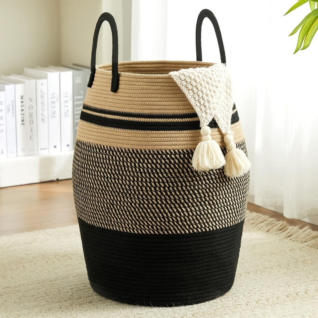 1pc Bohemian Laundry Hamper Basket 22.0inch Tall Foldable Clothes Hamper with Extended Handles Oval Fabric Storage for Bedroom Bathroom Organization Textured Weave Pattern No Tassel, Laundry Hampers