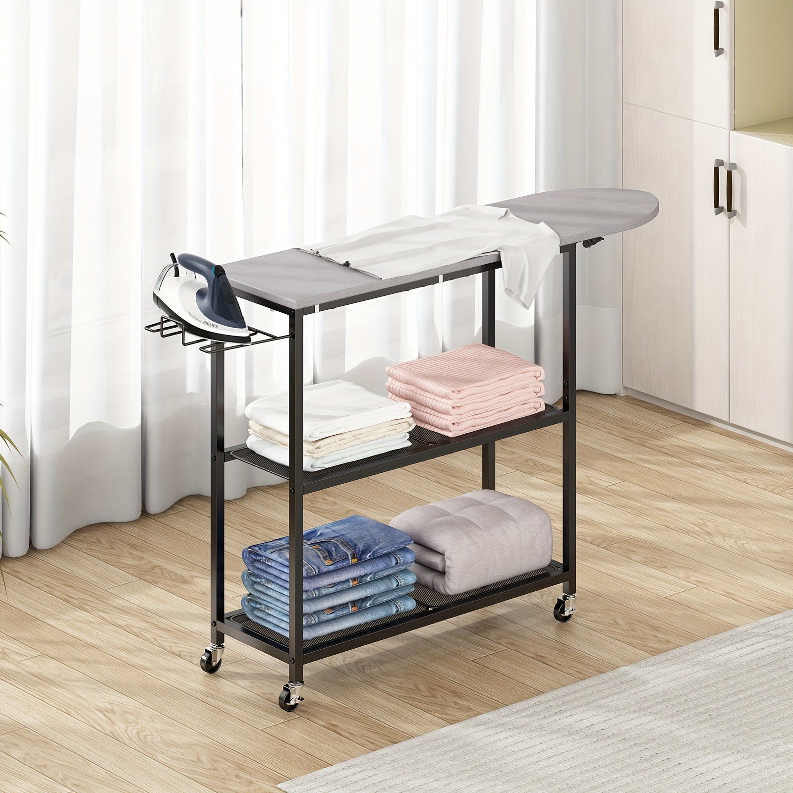 Three Layers Ironing Board Cart with Two Layers Of Shelves, Three Layers Of Movable Ironing Boards, And Multiple Layers Of Shelves with Wheels, Suitable for Storage In Living Rooms, Bedrooms, Courtyards., Utility Racks