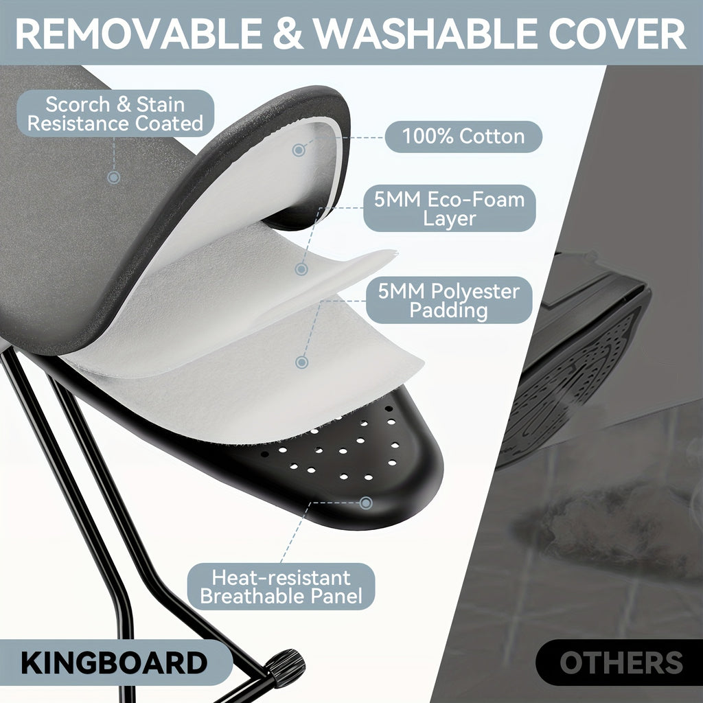 Compact Foldable Ironing Board 13X43 | Heat Resistant Cover, 7 Height Adjustable, Space Saver - Solid Grey\u002FBlack, Metal, Brand: Kingrack