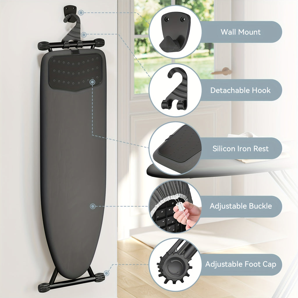 Compact Foldable Ironing Board 13X43 | Heat Resistant Cover, 7 Height Adjustable, Space Saver - Solid Grey\u002FBlack, Metal, Brand: Kingrack