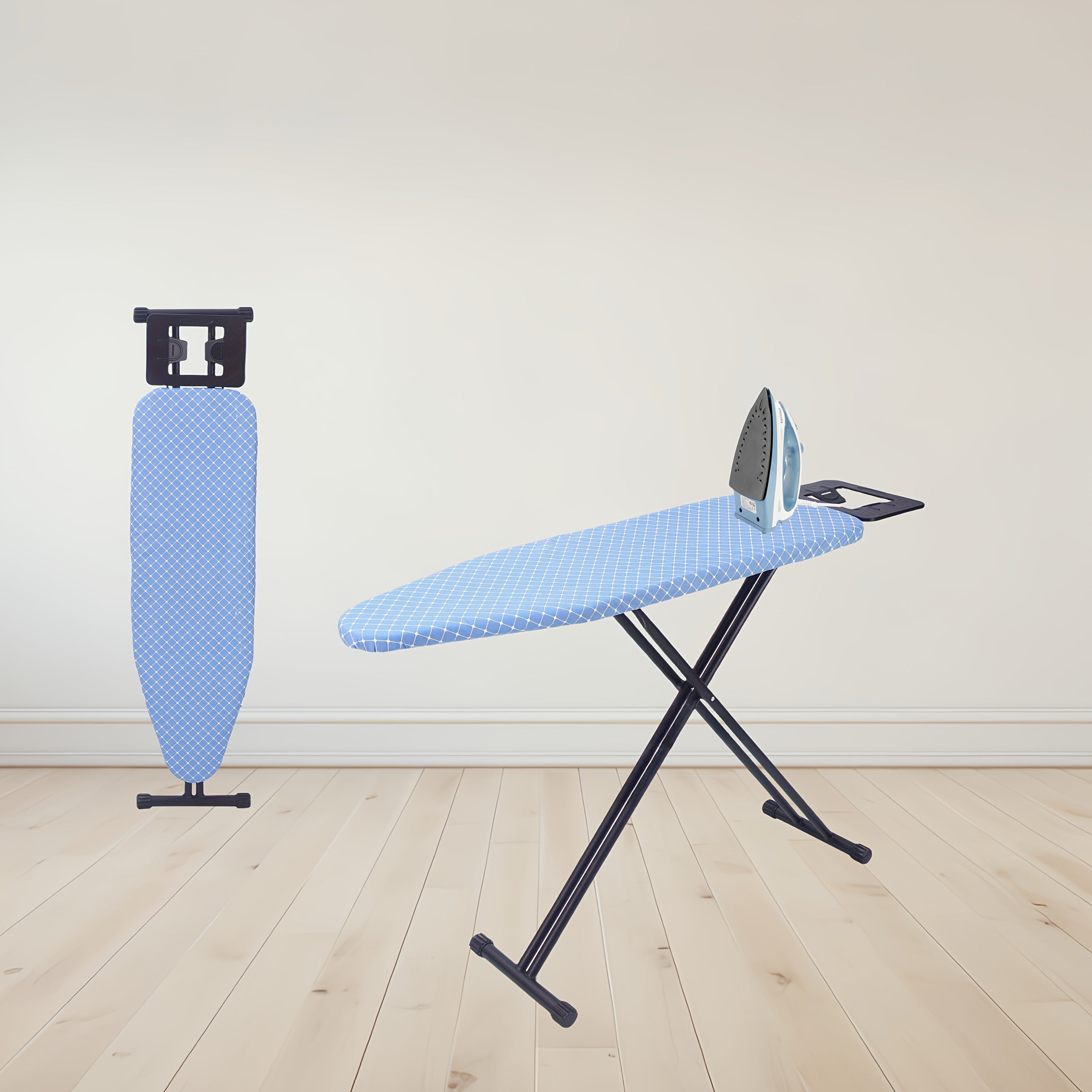 A Foldable Ironing Board For Easy Storage, Adjustable To 5 Different Heights, A Must-have For Home, Hotel, Or Laundry Room, With A Sturdy And Safe Golden Frame.