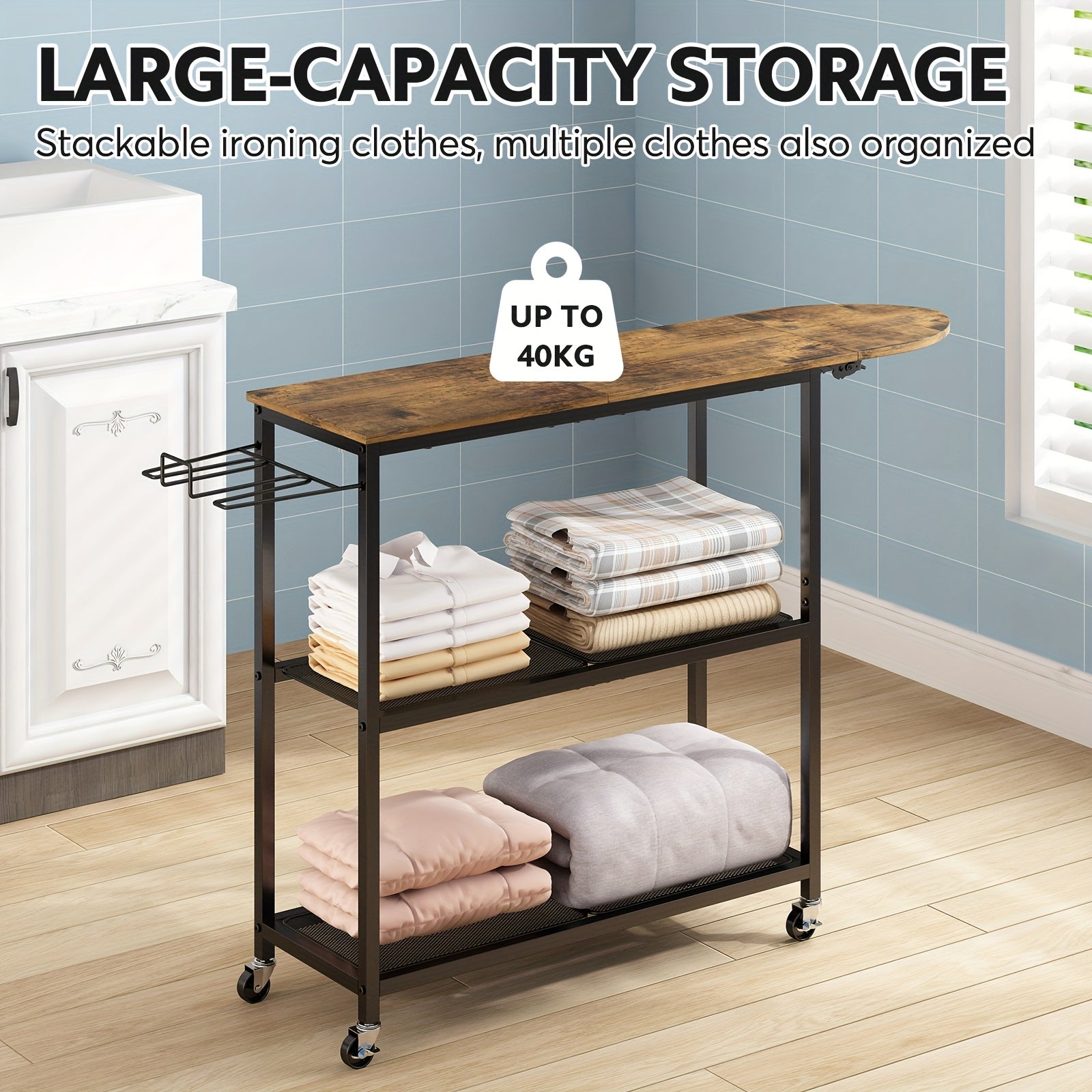 Three Layers Ironing Board Cart with Two Layers Of Shelves, Three Layers Of Movable Ironing Boards, And Multiple Layers Of Shelves with Wheels, Suitable for Storage In Living Rooms, Bedrooms, Courtyards., Utility Racks