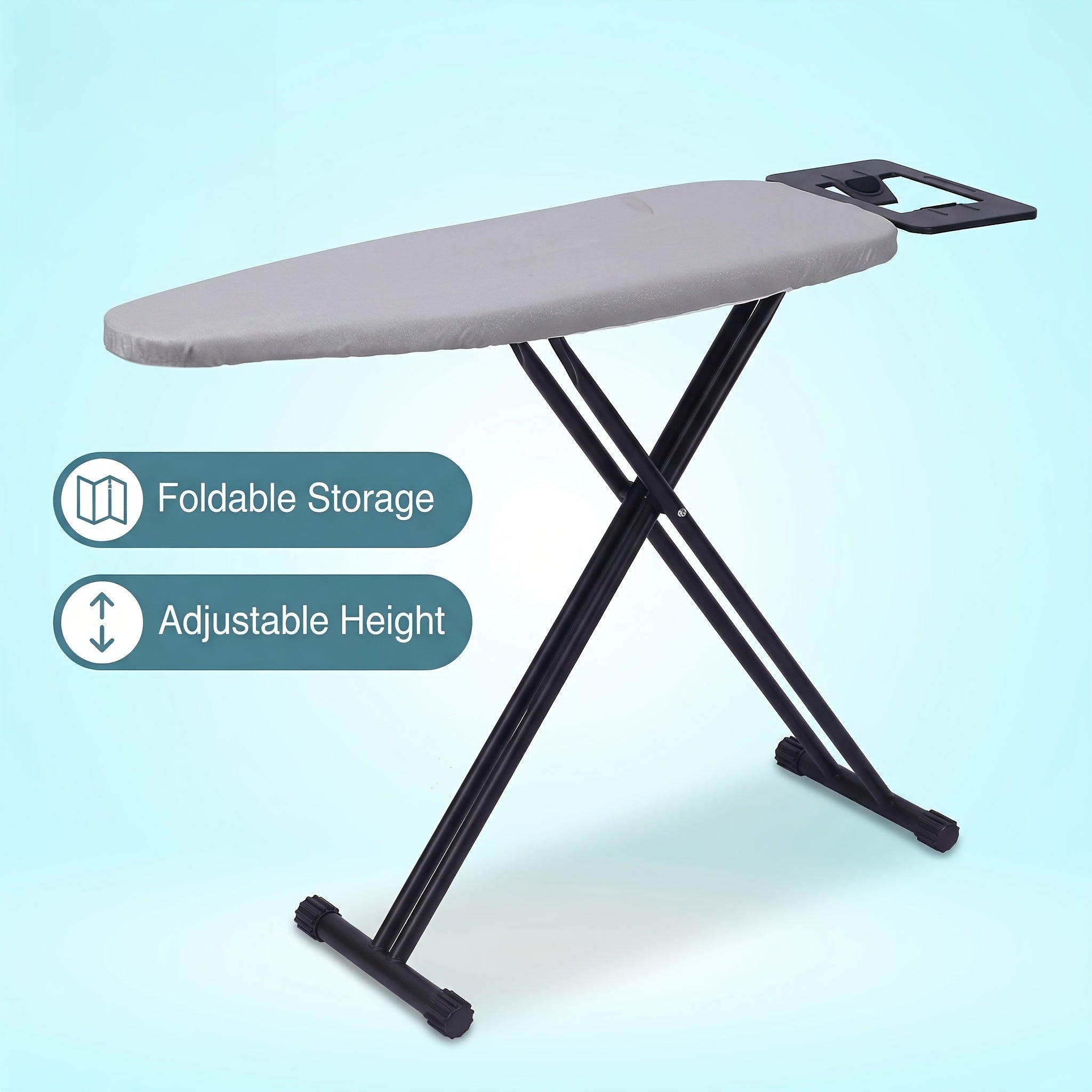 A Foldable Ironing Board For Easy Storage, Adjustable To 5 Different Heights, A Must-have For Home, Hotel, Or Laundry Room, With A Sturdy And Safe Golden Frame.
