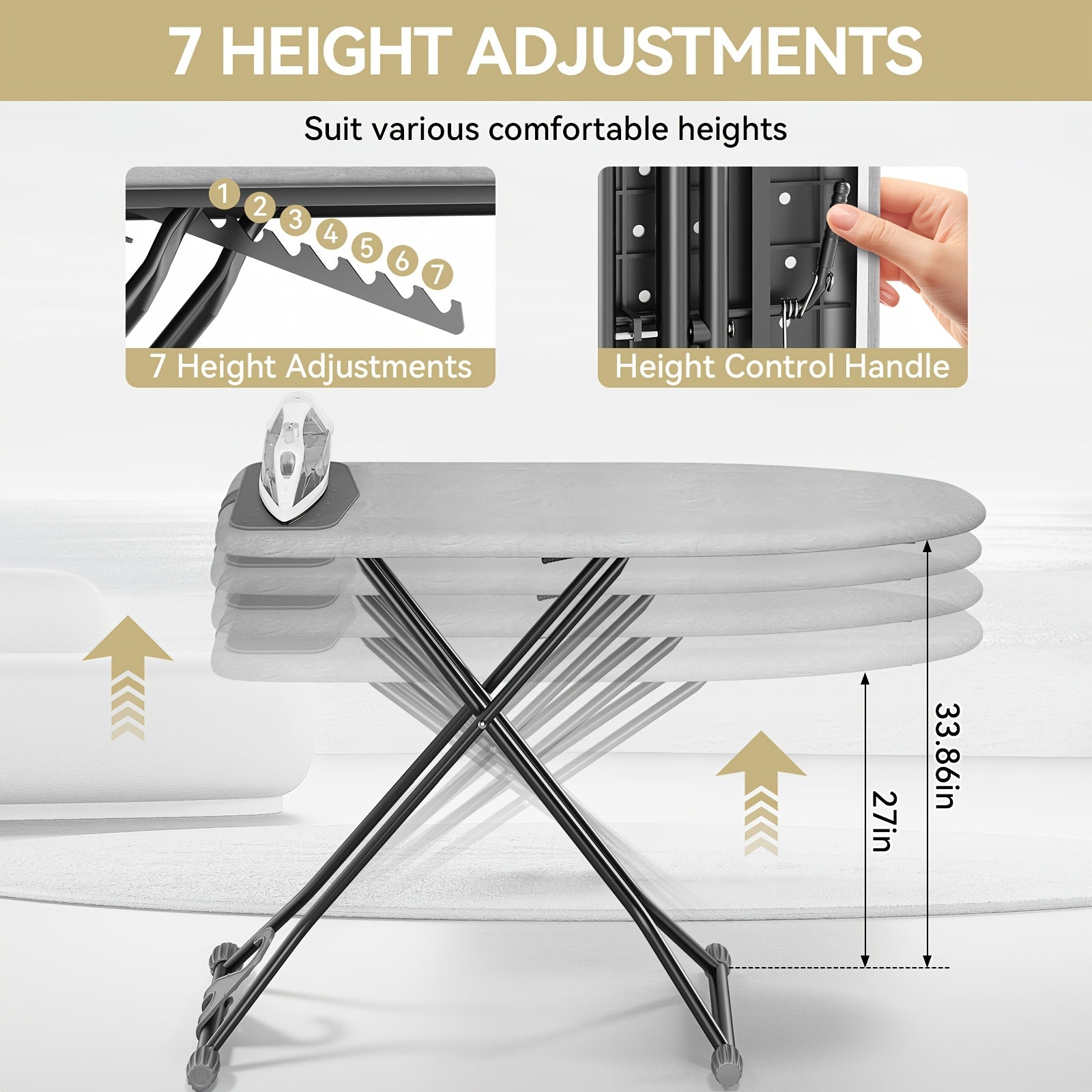 Compact Foldable Ironing Board 13X43 | Heat Resistant Cover, 7 Height Adjustable, Space Saver - Solid Grey\u002FBlack, Metal, Brand: Kingrack