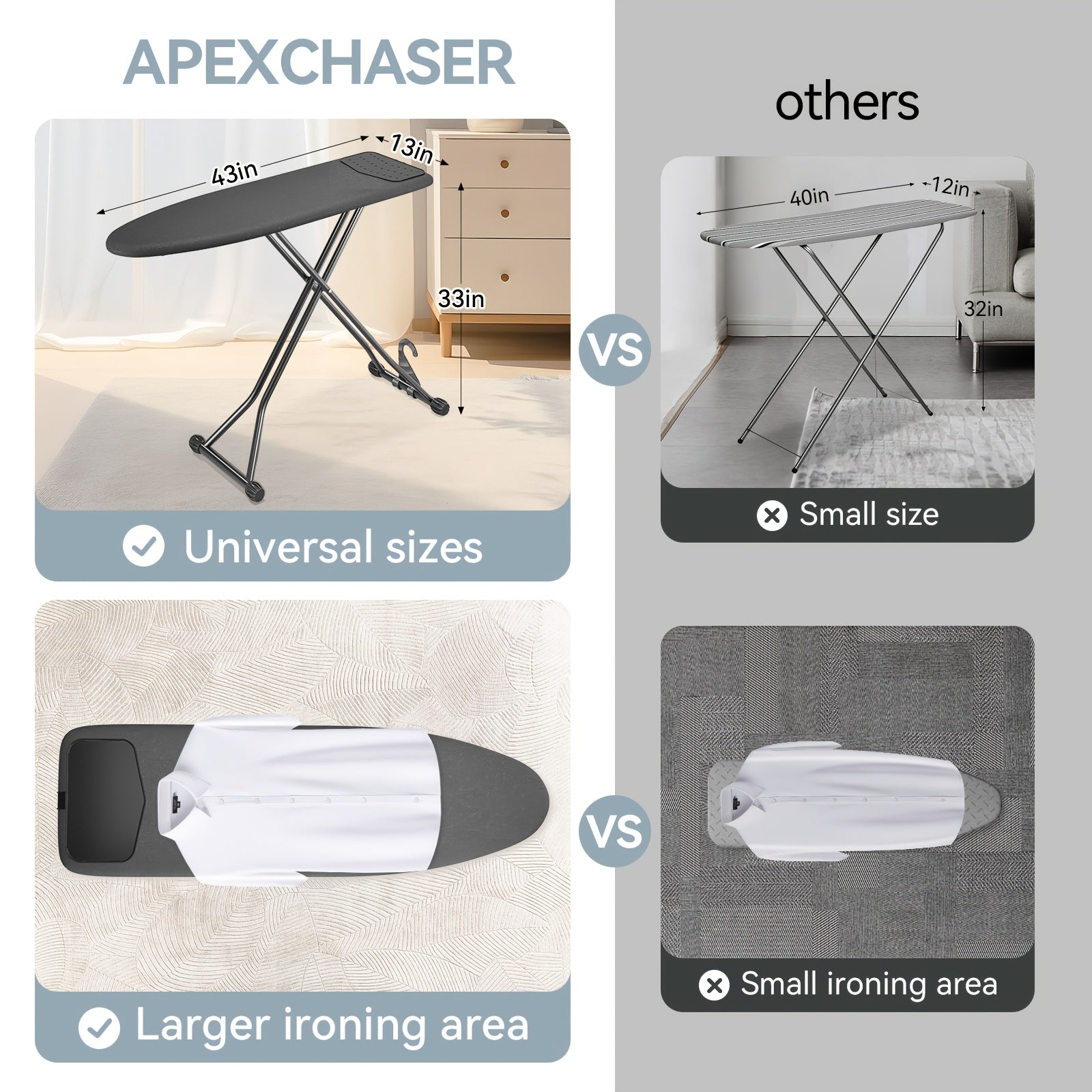 Compact Foldable Ironing Board 13X43 | Heat Resistant Cover, 7 Height Adjustable, Space Saver - Solid Grey\u002FBlack, Metal, Brand: Kingrack