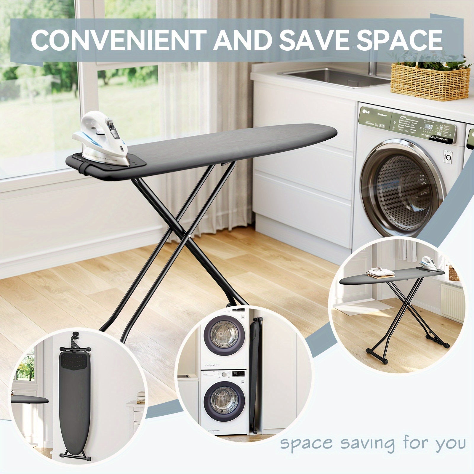 Compact Foldable Ironing Board 13X43 | Heat Resistant Cover, 7 Height Adjustable, Space Saver - Solid Grey\u002FBlack, Metal, Brand: Kingrack